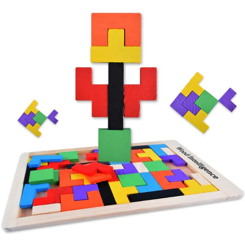 Colorful 3D Puzzle Wooden Tangram Math Toys Tetris Game Children Pre-school Magination Intellectual Educational Toy for Kids